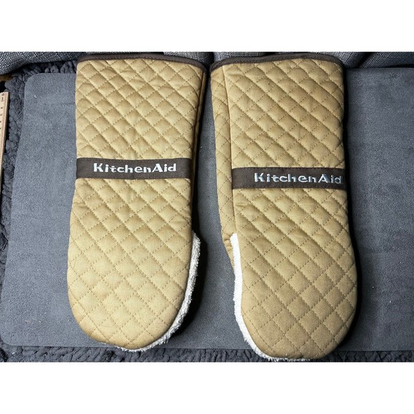 KitchenAid Pot Holder Oven Mitt Glove Set Beige Brown Quilted Extended Arm Pair - Picture 1 of 10